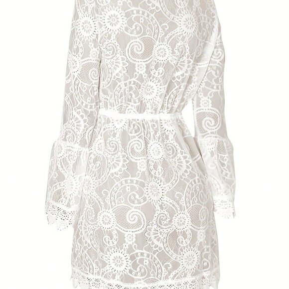 White Boho Women's Solid Color Lace Panel Deep V Neck Dress - Picture 3 of 5